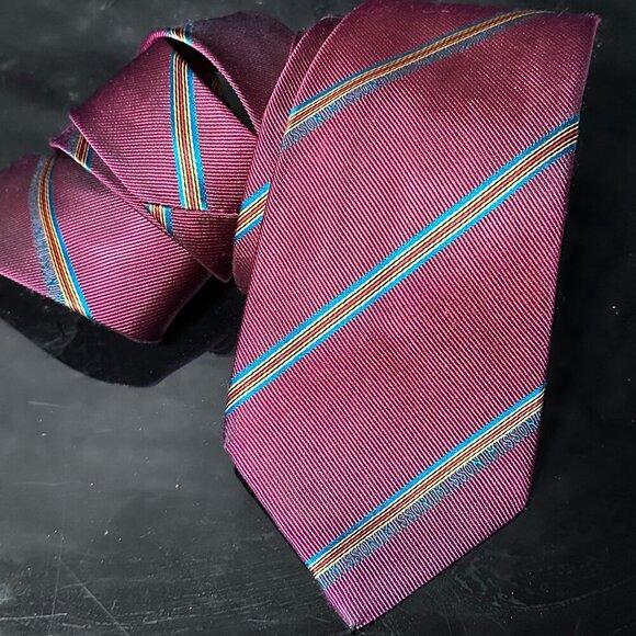 Missoni Striped Tie Burgundy Silk Couture Mens Designer Retro Blue EUC Necktie - Picture 1 of 9